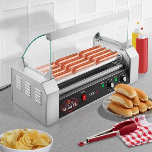 Vista 7 de Olde Midway - Máquina eléctrica de cocción para 12 perros calientes con 5 asadores giratorios, con tapa, de 700 Watts, de calidad comercial