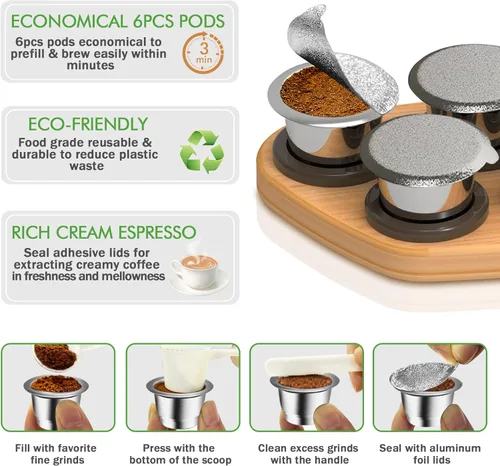 Vista 6 de CAPMESSO Cápsulas reutilizables para Nespresso OriginalLine, 6pcs cápsulas de café recargables Nespresso de acero inoxidable compatibles con máquina