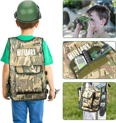 Vista 5 de G.C Disfraz de soldado del ejército para niños, disfraz militar para fiesta de Halloween, juego de rol con accesorios de camuflaje, juguetes