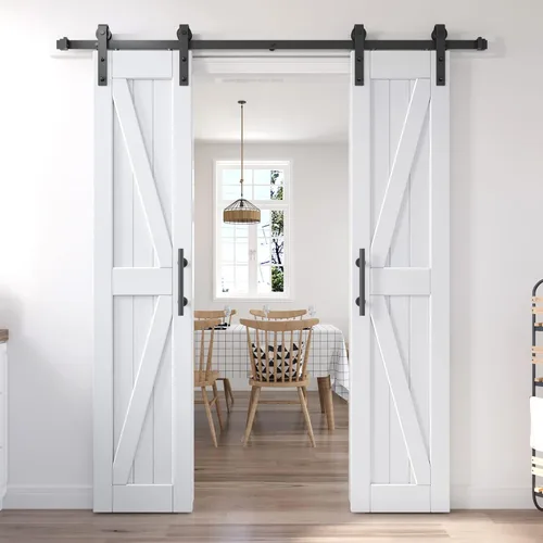 EaseLife Puerta de granero de 36 x 84 pulgadas (puerta doble de 18 x 84 pulgadas) con herrajes para puerta corredera de 6.6 pies y asa incluidos,