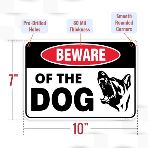Vista 2 de 2 letreros de aluminio con texto en inglés "Beware of Dog" de 10 x 7 pulgadas, para puerta de valla al aire libre