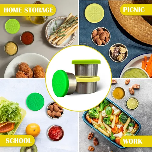 Vista 6 de Recipiente para aderezo de ensalada a prueba de fugas, 3 x 1.7 onzas, pequeños recipientes de condimentos de acero inoxidable con tapas, recipientes