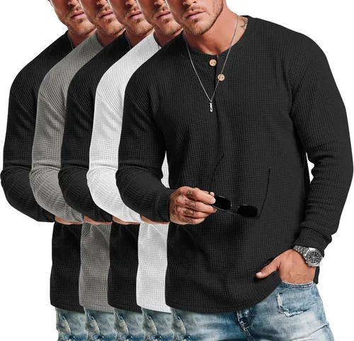 Vista 5 de Ficerd Paquete de 5 camisas de manga larga para hombre Waffle Henley Negro
