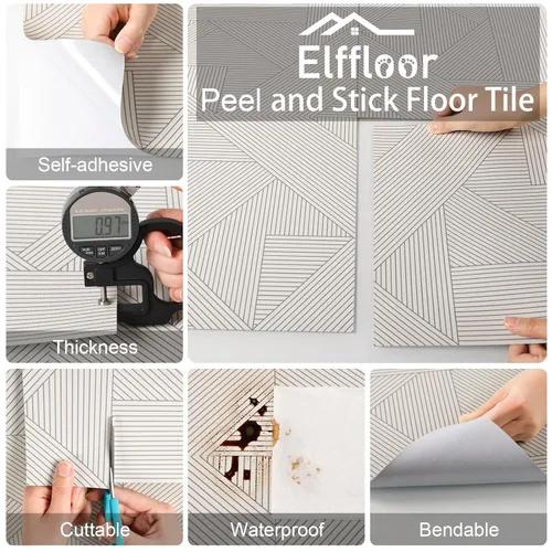 Vista 7 de Elffloor Azulejos de vinilo impermeables para despegar y pegar, autoadhesivos, fáciles de instalar, 11.8 x 11.8 pulgadas, patrón de línea para baño