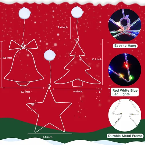 Vista 4 de 3 luces de ventana de Navidad, marco de metal, decoración de ventana de Navidad, funciona con pilas, luces colgantes de árbol de Navidad, cascabel