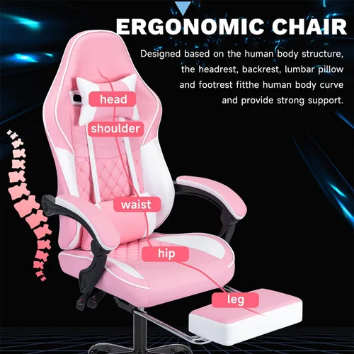 Vista 4 de Silla de escritorio para juegos para adultos, silla ergonómica rosa para juegos Rosa + blanco