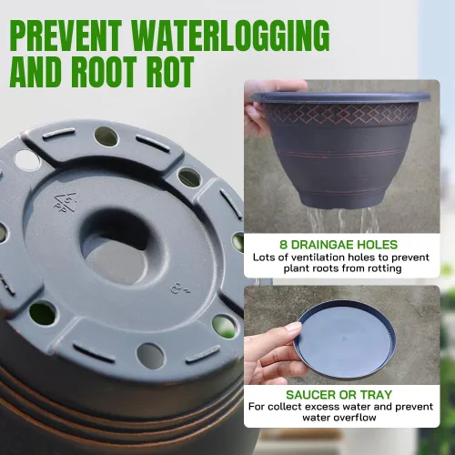 Vista 2 de Paquete de 6 macetas de 8 pulgadas, maceta de plástico para interiores y exteriores con agujeros de drenaje y platillo, macetas con patrón a