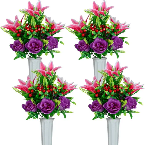 Vista 8 de XONOR Flores artificiales de cementerio para tumba, juego de 4 flores artificiales, ramo de flores conmemorativas con jarrón para cementerio al aire