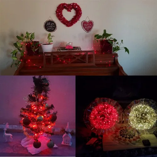 Vista 3 de Cadena de luces, luces LED de alambre de cobre, cada juego de 33 pies/32.8 ft 100 LED y 9 controles remotos. Funciona con pilas AA, luces Rojo
