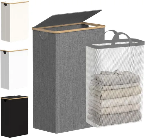 Vista 24 de efluky Cesta de lavandería delgada con tapa, cesta estrecha para la ropa sucia con bolsa extraíble, cesta de ropa sucia delgada con asas de bambú