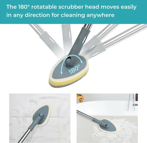 Vista 4 de TreeLen Cepillo de limpieza de baño de mango largo con cabezal de 180° y 5 cabezales reemplazables, cepillo de limpieza de baño de 49 pulgadas