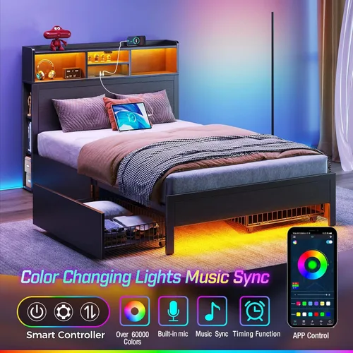 Vista 6 de Rolanstar Base de cama individual con cabecera de almacenamiento, plataforma de metal con estación de carga, cama individual LED con 4 cajones,