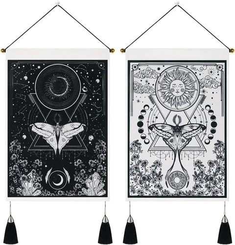 Paquete de 2 tapices de sol y luna, tapiz blanco y negro con diseño de vid de flores, para colgar en la pared para habitación (13.8 x 19.7 pulgadas)