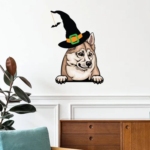 Vista 13 de Calcomanías de pared de Halloween con diseño de brujas, calcomanías de feliz Halloween, calcomanías de bienvenida para perro pug, decoración