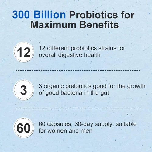 Vista 4 de Probiótico 300 mil millones de UFC – 12 cepas con prebióticos orgánicos para la salud digestiva e intestinal, inmune, hinchazón – Probióticos