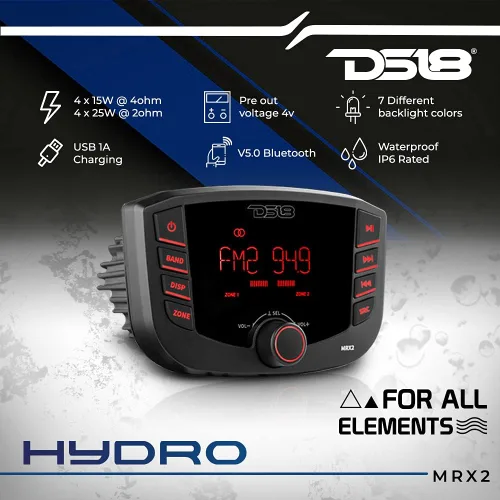 Vista 2 de DS18 Hydro MRX2 Marine and Powersports - Receptor de centro multimedia con radio AM/FM, USB y Bluetooth, 2 zonas, salida de 4 voltios, BT, RDS 4 x