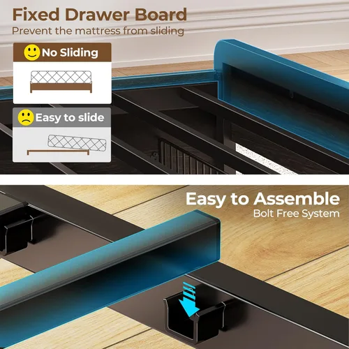 Vista 7 de Rolanstar Base de cama de tamaño matrimonial con estación de carga y luces LED, cabecera de almacenamiento tapizada con cajones, listones de metal