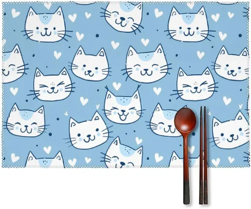 Cute Light Blue Cat Placemats Set of 6 Resistant Table Mats Washable Place Mats for Dinner Party Table Decoration