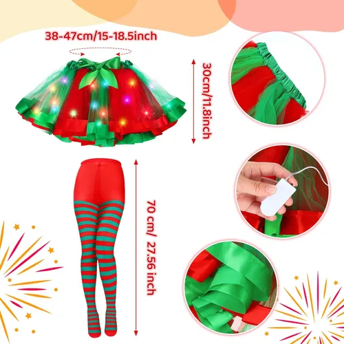 Vista 2 de Conjunto de 4 piezas de disfraz de Navidad para niñas, falda tutú iluminada, medias a rayas, diademas de reno LED, collar para espectáculos