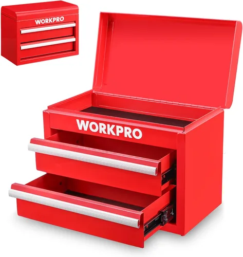 Vista 9 de WORKPRO Caja de herramientas mini de metal, cajonera superior con dos cajones con guías de rodamiento de bolas, forros de PVC para cajones y Azul