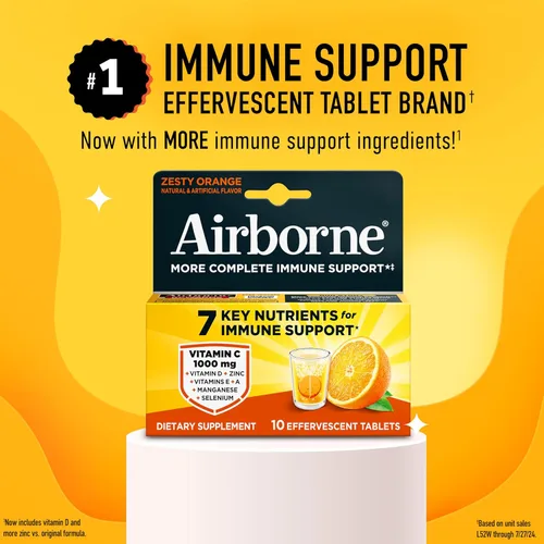 Vista 2 de Airborne Comprimidos efervescentes de apoyo inmunológico, sabor a naranja picante, 10 unidades con 1000 mg de vitamina C + vitaminas A, D, E, zinc