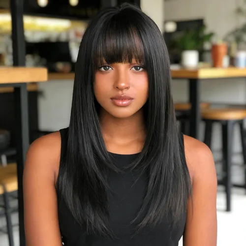 Vista 2 de Peluca de Cabello Largo Negro Liso con Flequillo Sintética de Alta Densidad Peluca de Cabello Largo para Mujeres (negro)