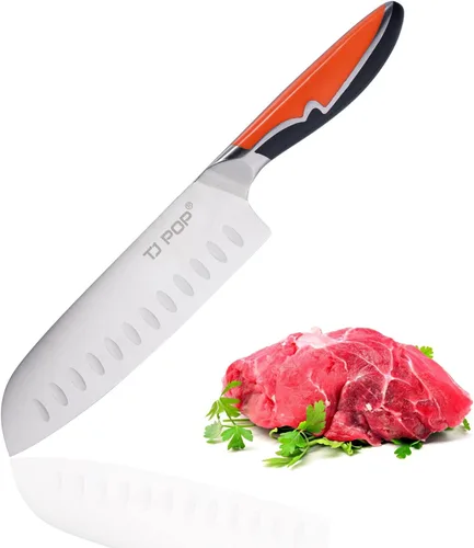 Vista 9 de TJ POP Cuchillo para tallar carne, cuchillo de rebanar de 8 pulgadas, diseño de espiga completa, hoja de acero alemán HC, mango antideslizante