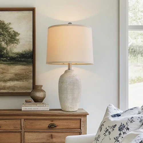Vista 14 de USumkky Lámpara de mesa vintage de cerámica de 24.5 pulgadas, lámpara de noche rústica de granja individual con acabado texturizado natural
