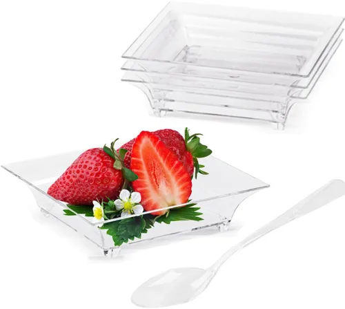 Vista 9 de TOFLEN Mini platos de postre de 100 unidades con cucharas de degustación, 3-1/8 x 2-5/8 pulgadas, pequeños platos de plástico transparente