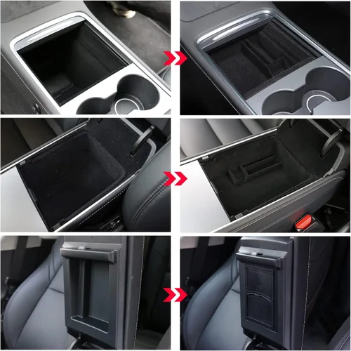 Vista 4 de Carwiner Bandeja Organizadora de 3 Piezas para Consola Central para Tesla Modelo 3 2021-2022 2023 y Modelo Y 2021-2024, Reposabrazos Flocado, Caja