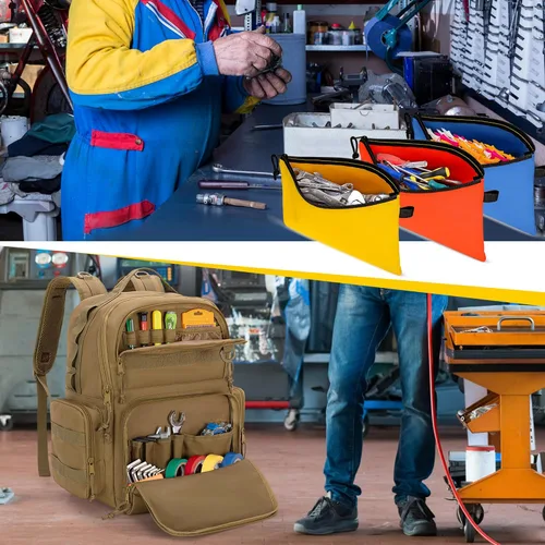 Vista 8 de Mochila de herramientas Rexmica para hombres con 3 bolsas de herramientas, bolsa organizadora de almacenamiento de herramientas resistente