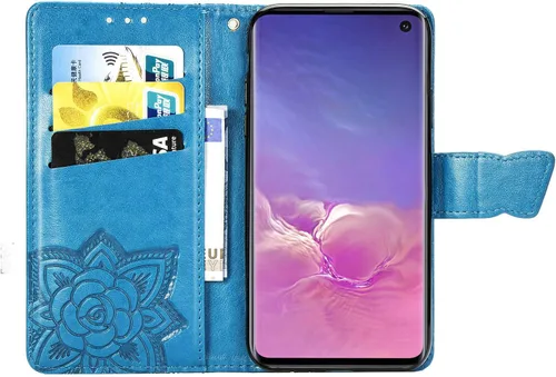 Vista 5 de Funda protectora de piel sintética para Samsung Galaxy S10e, con tapa para mujer, con correa para la muñeca, ranuras para tarjetas, bolsillo en Azul