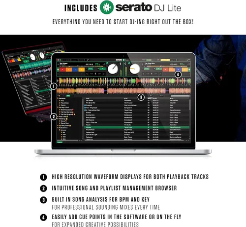 Vista 4 de Paquete de controlador DJ – Juego de 2 cubiertas DJ con mezclador, interfaz de audio, ruedas táctiles capacitivas, efectos y auriculares DJ - Numark