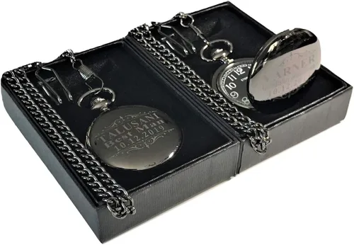 Vista 8 de Juego de reloj de bolsillo personalizado, oferta de boda y ocasión especial con cadena, caja y grabado.