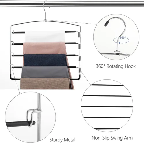 Vista 4 de FeeraHozer Perchas antideslizantes para pantalones, paquete de 3 perchas para ahorrar espacio, múltiples capas con brazo oscilante, colgador