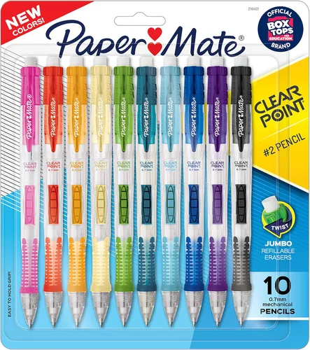 Paper Mate Clearpoint - Lápices mecánicos, mina HB #2 de 0.028 in, 2 lápices, varios colores de barril de moda, 10 unidades, esenciales para el