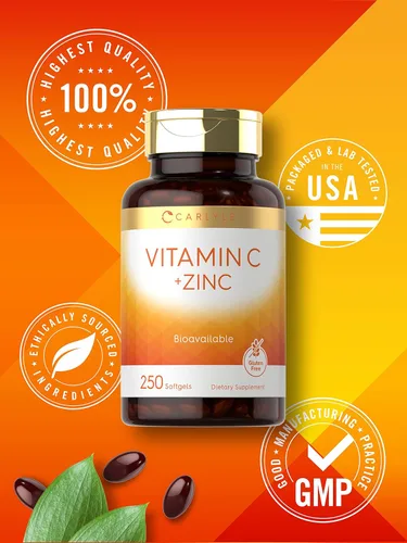Vista 5 de Carlyle Vitamina C con zinc 250 cápsulas blandas Biodisponible Ácido ascórbico Óxido de zinc Suplemento sin OMG y sin gluten