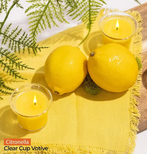 Vista 5 de HYOOLA Clear Cup Velas votivas perfumadas – Citronela – 12 horas de tiempo de combustión – Paquete de 4 – Fabricado en Europa