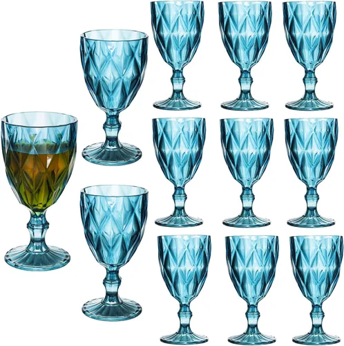 Vista 14 de Juego de 6 copas de vino vintage, de plástico, reutilizables, de 12 onzas, copas de agua de colores, patrón único en relieve, copas de vino