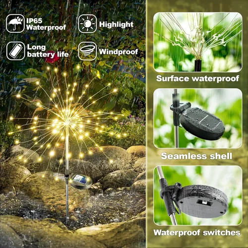 Vista 5 de Anordsem Luces Solares Decorativas para Exteriores: Alambre de Cobre Flexible con 120 Cuentas LED de Fuegos Artificiales - Impermeables 2 Modos