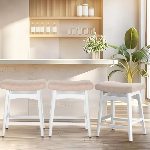 Vista 16 de ALPHA HOME Taburete de bar, taburete de cocina de silla de montar de madera maciza con cojín de tela de lino beige, taburete de bar de altura