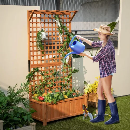 Vista 2 de HAPPYGRILL Cama de jardín elevada de 72.5 pulgadas con enrejado y jardinera