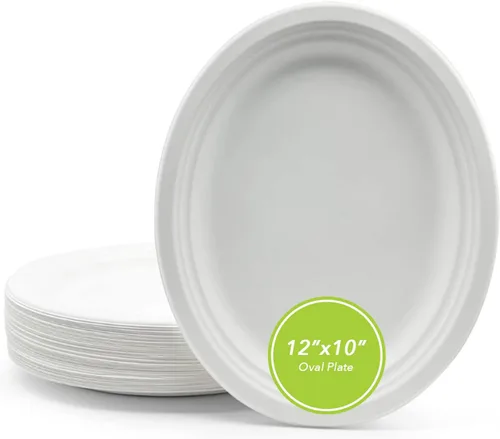 three leaf Plato ovalado de bagazo de 12 x 10 pulgadas, 25 unidades, platos de bagazo desechables naturales y ecológicos, 100% biodegradables,