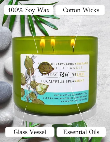 Vista 5 de Vela perfumada de eucalipto de menta verde Vela de soja grande de 3 mechas de 15.8 onzas Vela de aromaterapia calmante para el hogar Aroma