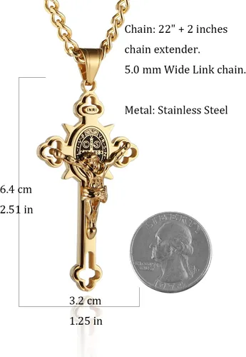 Vista 5 de HZMAN Religión Acero Inoxidable Saint St. Benedict Crucifijo Cruz Colgante Collar INRI