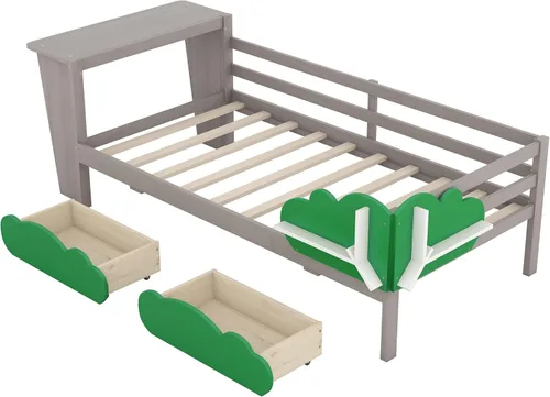 Vista 14 de Anwick Base de cama individual con escritorio y nido, sofá cama de madera con escritorio y estantes en forma de árbol verde, cama de plataforma