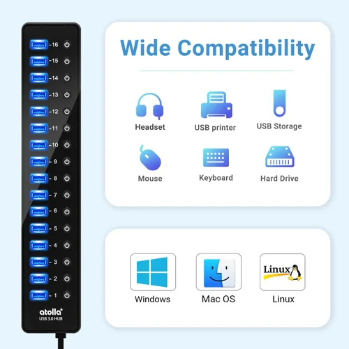 Vista 5 de Hub USB 3.0 de alimentación, divisor USB atolla de 16 puertos con adaptador de corriente de 12 V/6 A e interruptores individuales, transferencia