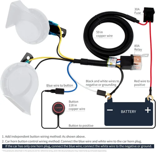 Vista 8 de FARBIN Bocina de tren para camión de 12 V, bocinas de coche ruidosas impermeables, kit de cuerno de caracol eléctrico con arnés de cable y botón