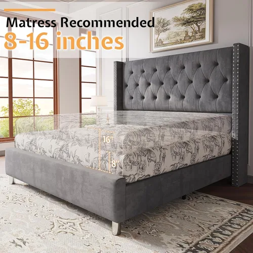 Vista 29 de Jocisland Base de cama tapizada de terciopelo tamaño King, con plataforma capitoné de perfil bajo, cabecera con alas elevadas, soporte de listones