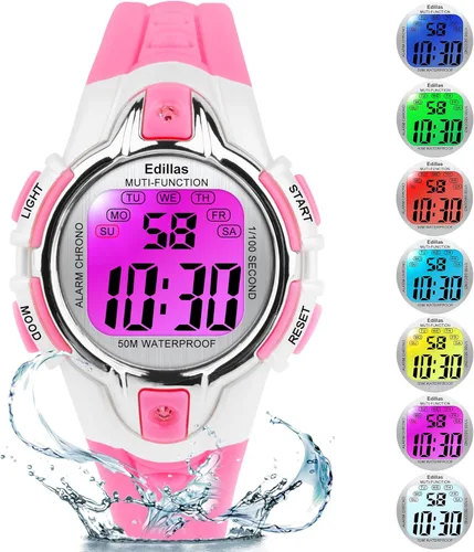 Edillas Kids Watches Digital Girls Boys,7 Colors Light Wrist Watch for Child Waterproof Sport Outdoor Multifunctional Watches with StopwatchAlarm